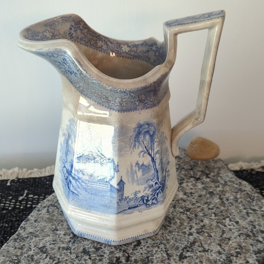 Davenport Ironstone Vintage Blue and White Ceramic Pitcher